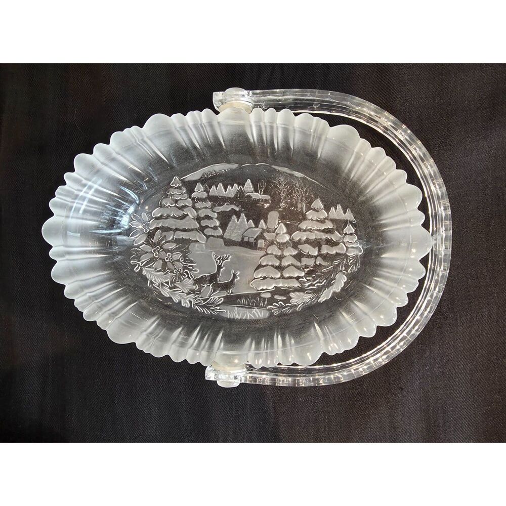 Vintage Mikasa Winter Dreams Frosted Glass Basket 90s Holiday Christmas Decor